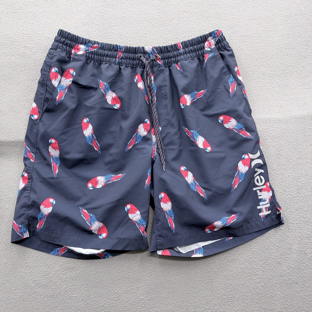 Hurley Swim Shorts Mens XL Blue Tropical Parrot Trunks Lined Quick Dry Beach